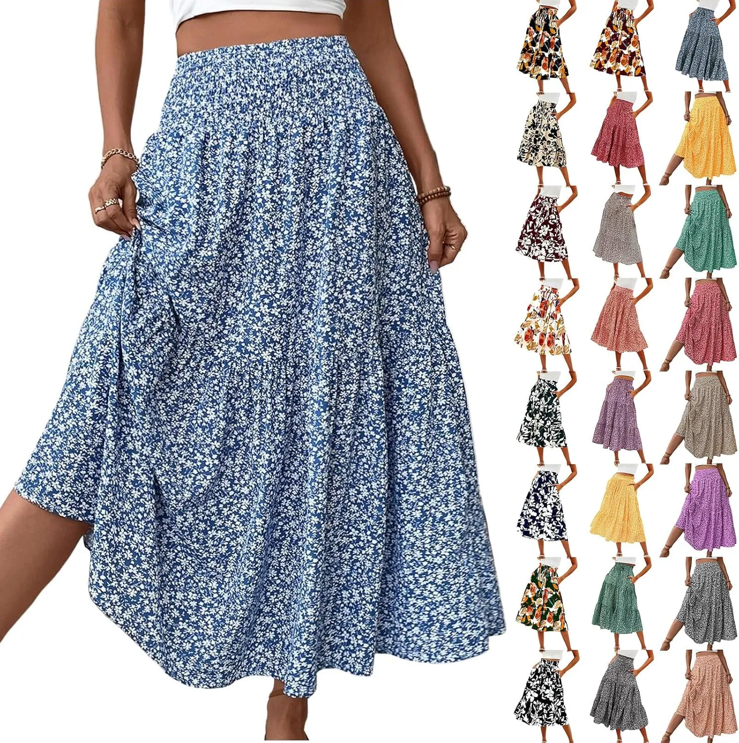 Boho Floral Maxi Skirt for Women 2025 Summer Elastic High Waist A Line Long Skirts Flowy Tiered Skirt with Pockets