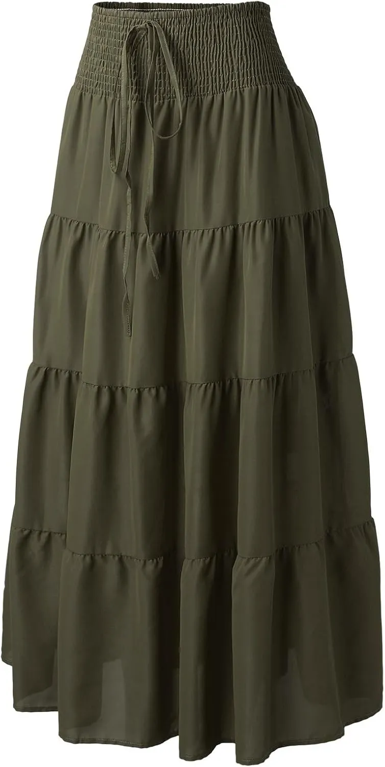 Boho Maxi Skirts for Women 2025 Summer Elastic Waisted Solid Color Flowy Swing A-Line Pleated Long Skirt