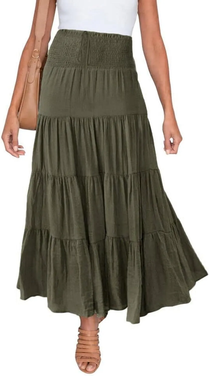 Boho Maxi Skirts for Women 2025 Summer Elastic Waisted Solid Color Flowy Swing A-Line Pleated Long Skirt