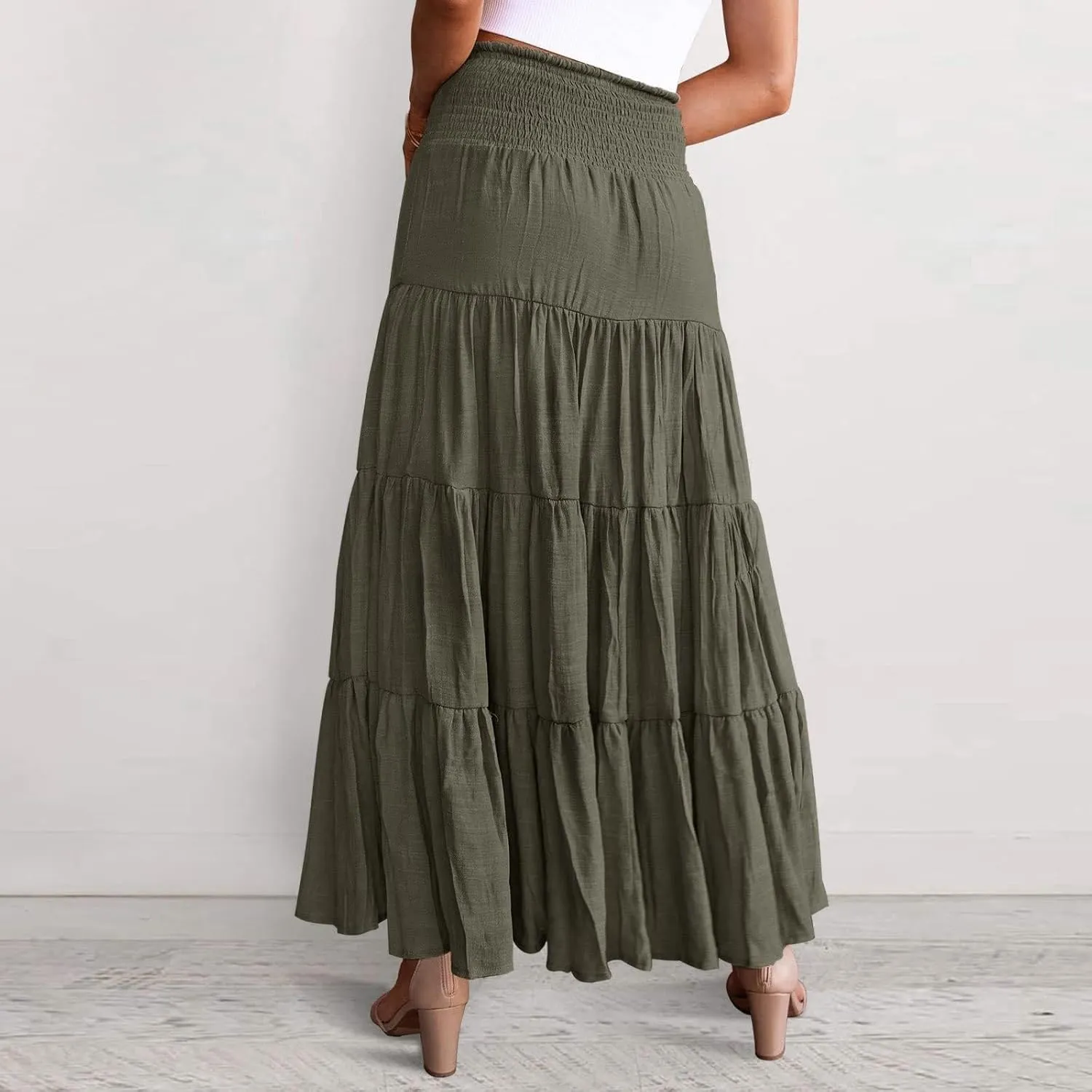 Boho Maxi Skirts for Women 2025 Summer Elastic Waisted Solid Color Flowy Swing A-Line Pleated Long Skirt
