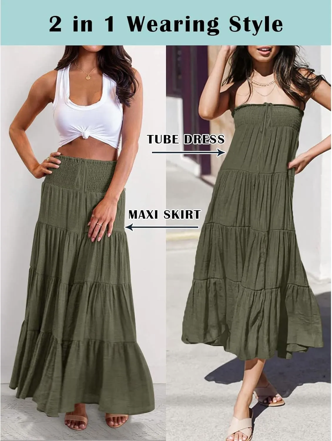 Boho Maxi Skirts for Women 2025 Summer Elastic Waisted Solid Color Flowy Swing A-Line Pleated Long Skirt