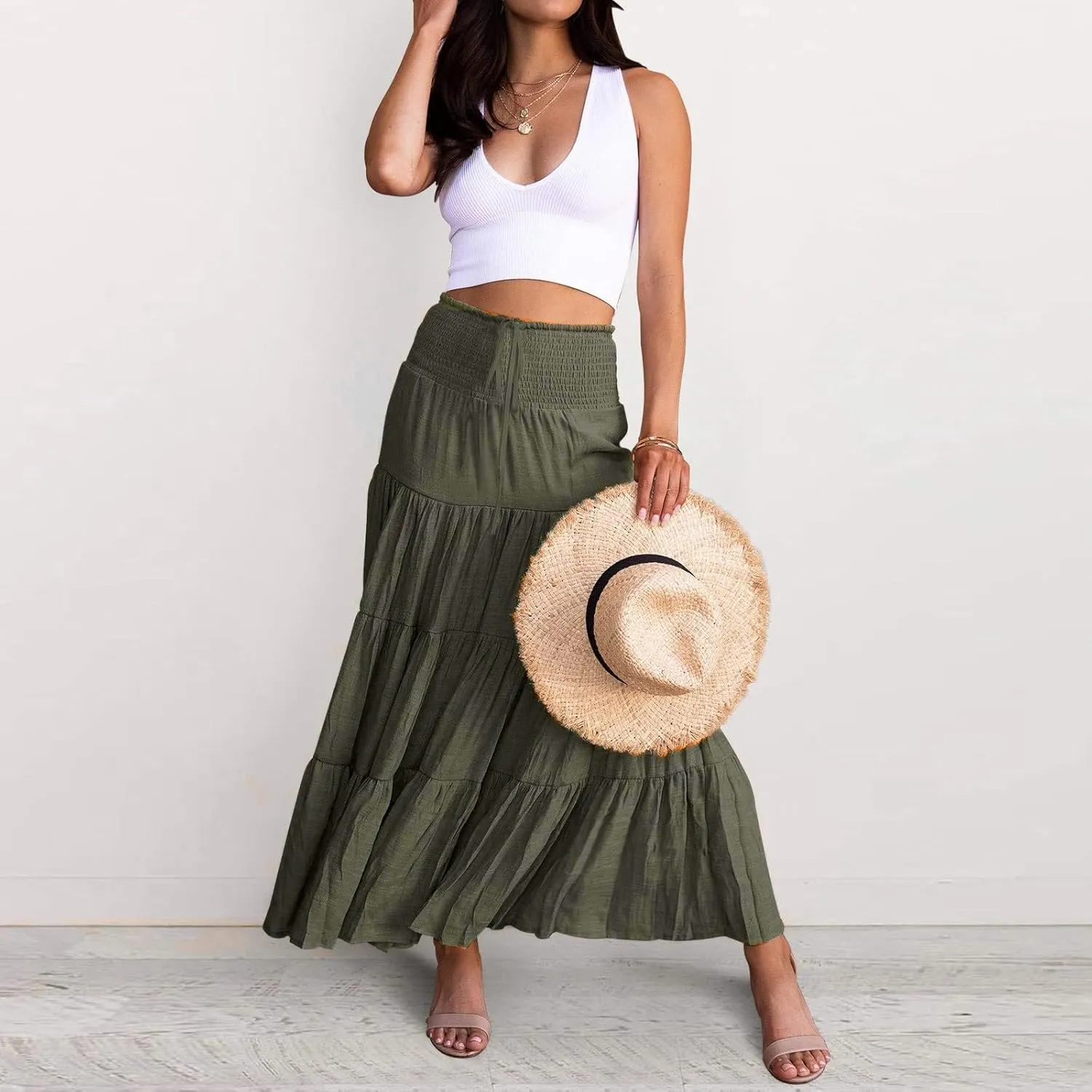Boho Maxi Skirts for Women 2025 Summer Elastic Waisted Solid Color Flowy Swing A-Line Pleated Long Skirt