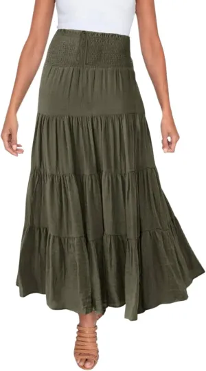 Boho Maxi Skirts for Women 2025 Summer Elastic Waisted Solid Color Flowy Swing A-Line Pleated Long Skirt