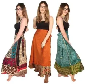 Boho Sari Silk Long Wrap Skirts - Set of 3 Multi