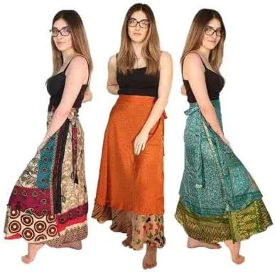 Boho Sari Silk Long Wrap Skirts - Set of 3 Multi