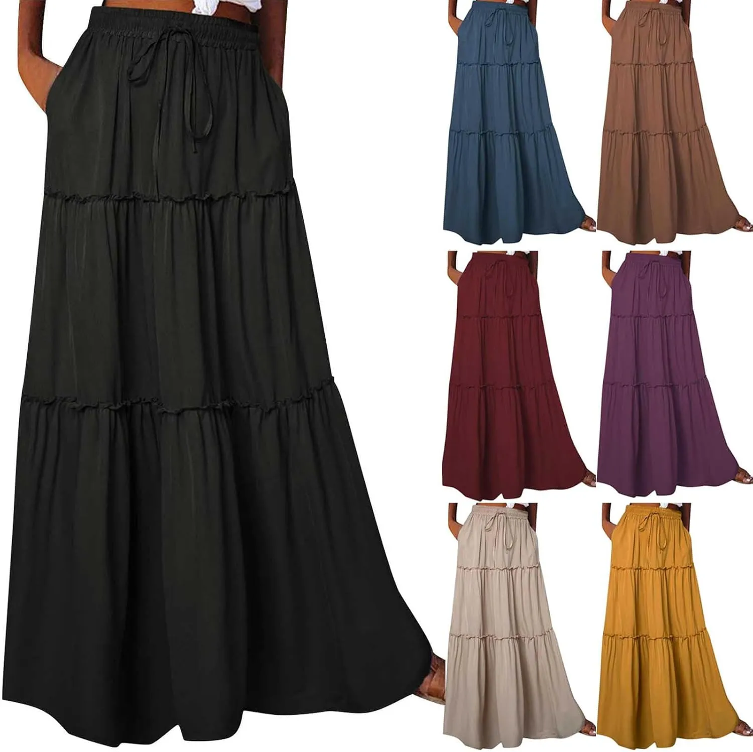 Boho Skirts for Women 2025 Summer Trendy High Waist Ruffle Maxi Skirt Casual Flowy Solid Pleated Skirt with Pockets