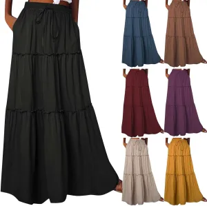 Boho Skirts for Women 2025 Summer Trendy High Waist Ruffle Maxi Skirt Casual Flowy Solid Pleated Skirt with Pockets