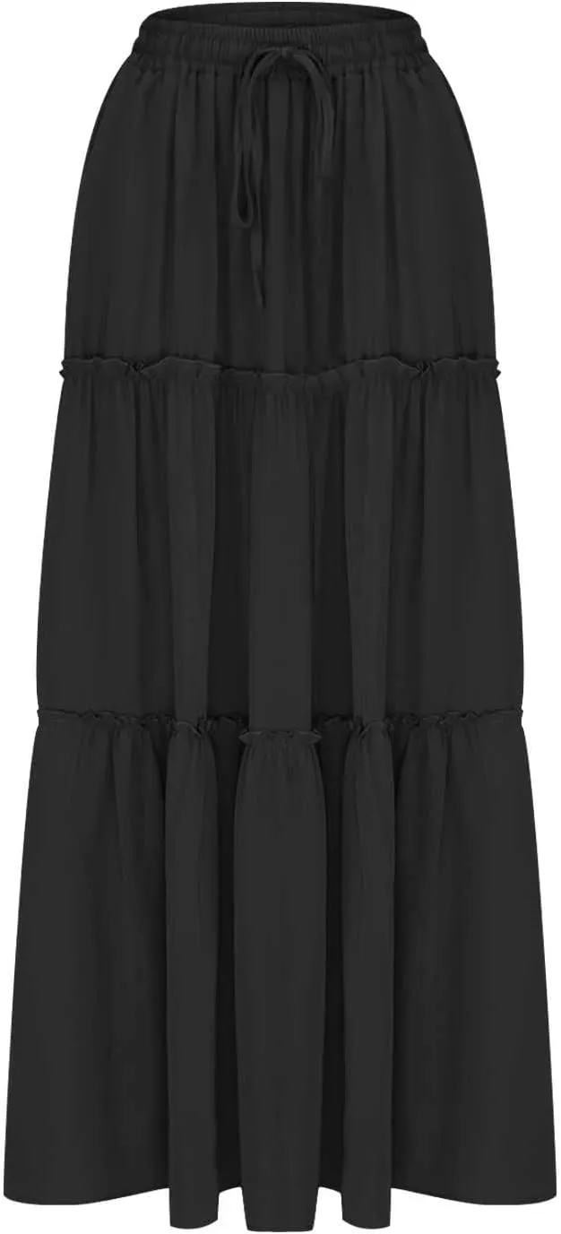 Boho Skirts for Women 2025 Summer Trendy High Waist Ruffle Maxi Skirt Casual Flowy Solid Pleated Skirt with Pockets