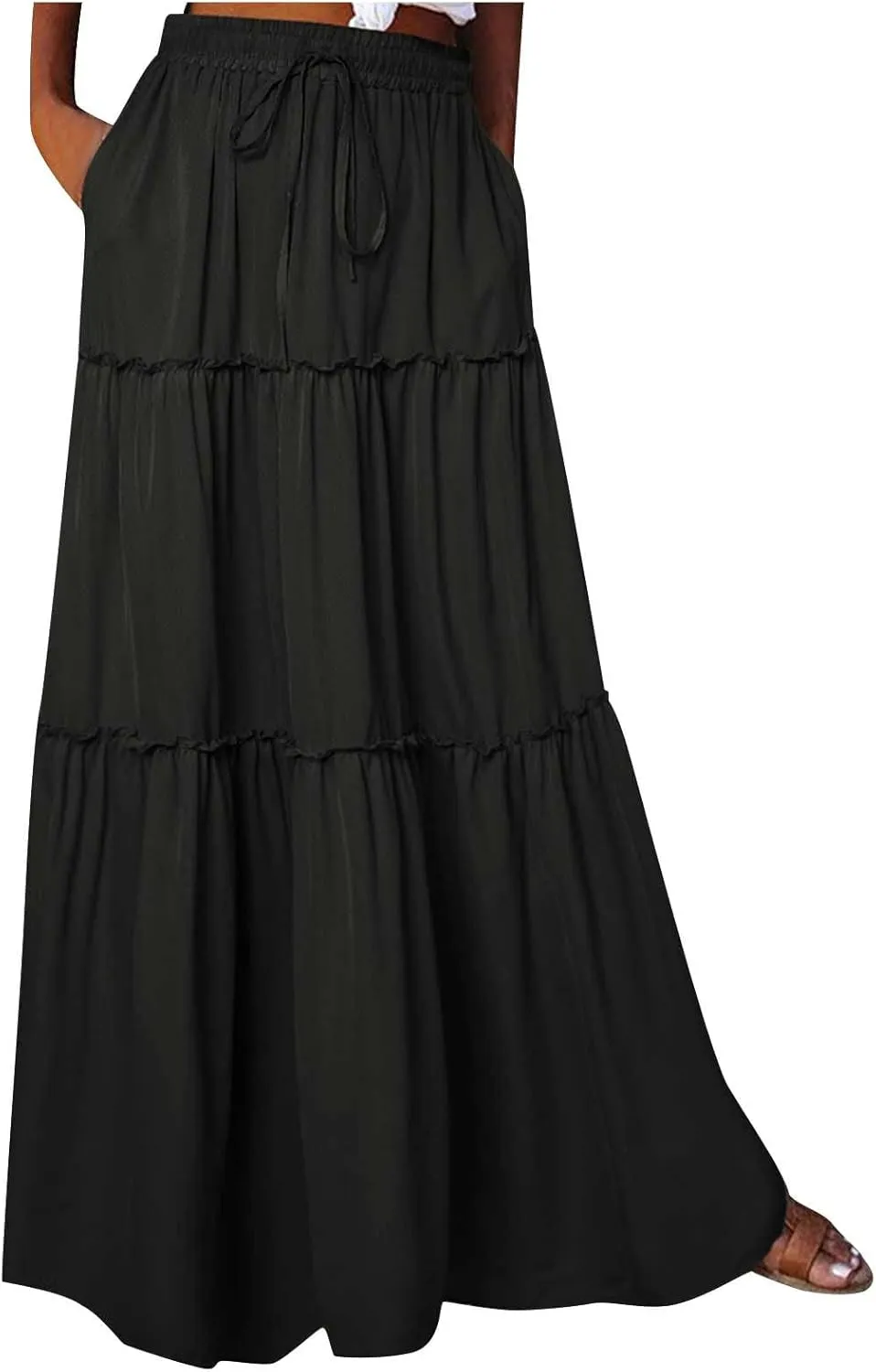 Boho Skirts for Women 2025 Summer Trendy High Waist Ruffle Maxi Skirt Casual Flowy Solid Pleated Skirt with Pockets