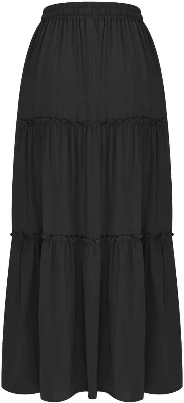 Boho Skirts for Women 2025 Summer Trendy High Waist Ruffle Maxi Skirt Casual Flowy Solid Pleated Skirt with Pockets