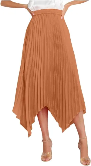 Boho Skirts for Women Casual Soft High Waisted Asymmetrical Maxi Skirt Womens Summer Long Pleated Skirt Midi Length