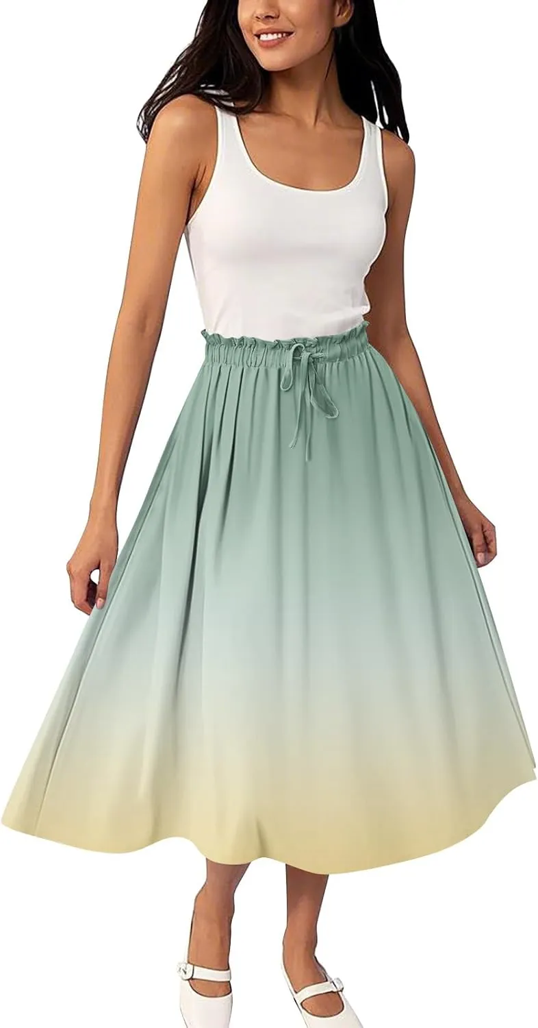 Boho Skirts for Women - High Waisted Floral Maxi Skirt with Pockets, Elastic Waist Flowy Beach Vacation Dress