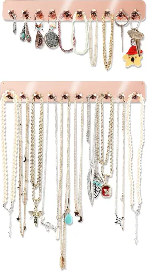Boxy Concepts Jewelry Organizer - 2 Pack Rose Gold Premium Adhesive Holder | Hanging Necklace & Key Rack with 10 Hooks for Necklaces, Earrings, Bracelets, and Keys Easy-Install 10.5"x1.5"