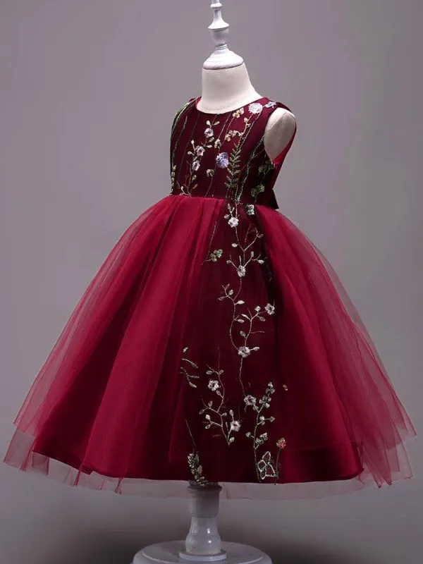 Burgundy Lace Embroidered Kids Tutu Dress Tulle Sleeveless Little Girls Party Dress