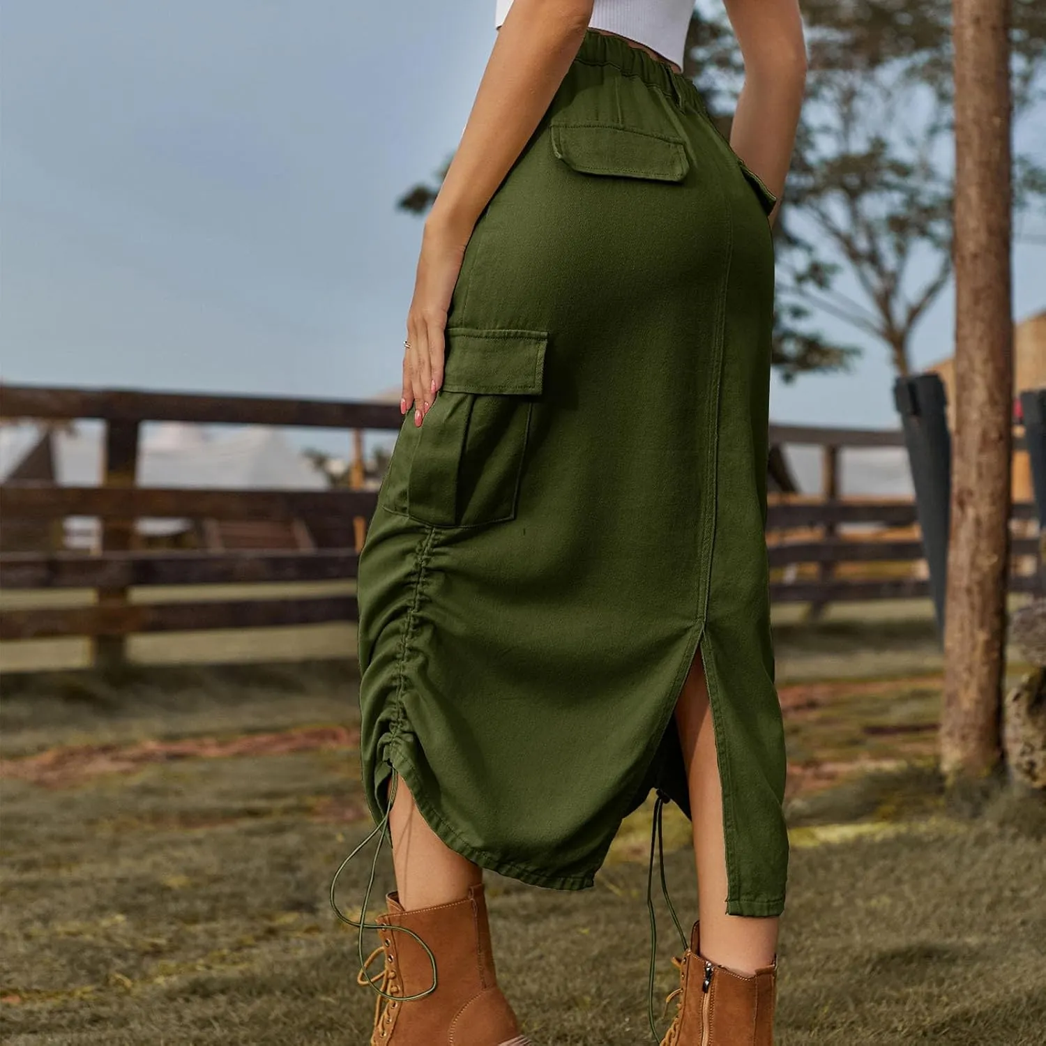 Cargo Skirts for Women Casual Solid Denim Long Skirts Fashion Drawstring Stretch Waist Jean Maxi Skirt with Pockets