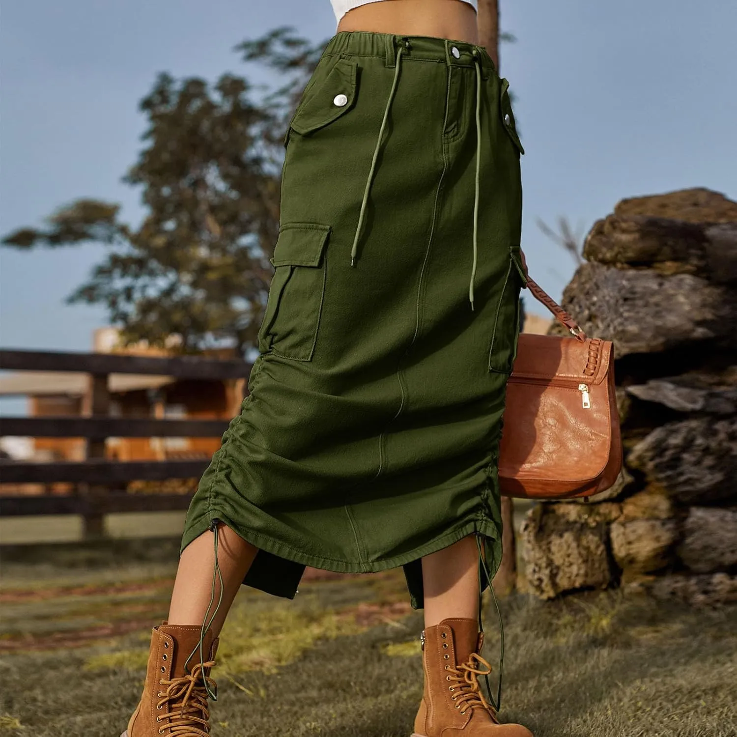 Cargo Skirts for Women Casual Solid Denim Long Skirts Fashion Drawstring Stretch Waist Jean Maxi Skirt with Pockets