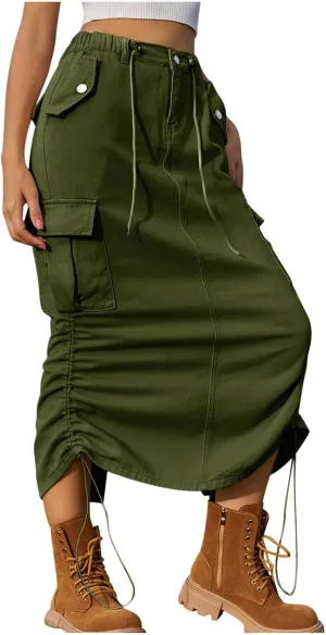 Cargo Skirts for Women Casual Solid Denim Long Skirts Fashion Drawstring Stretch Waist Jean Maxi Skirt with Pockets
