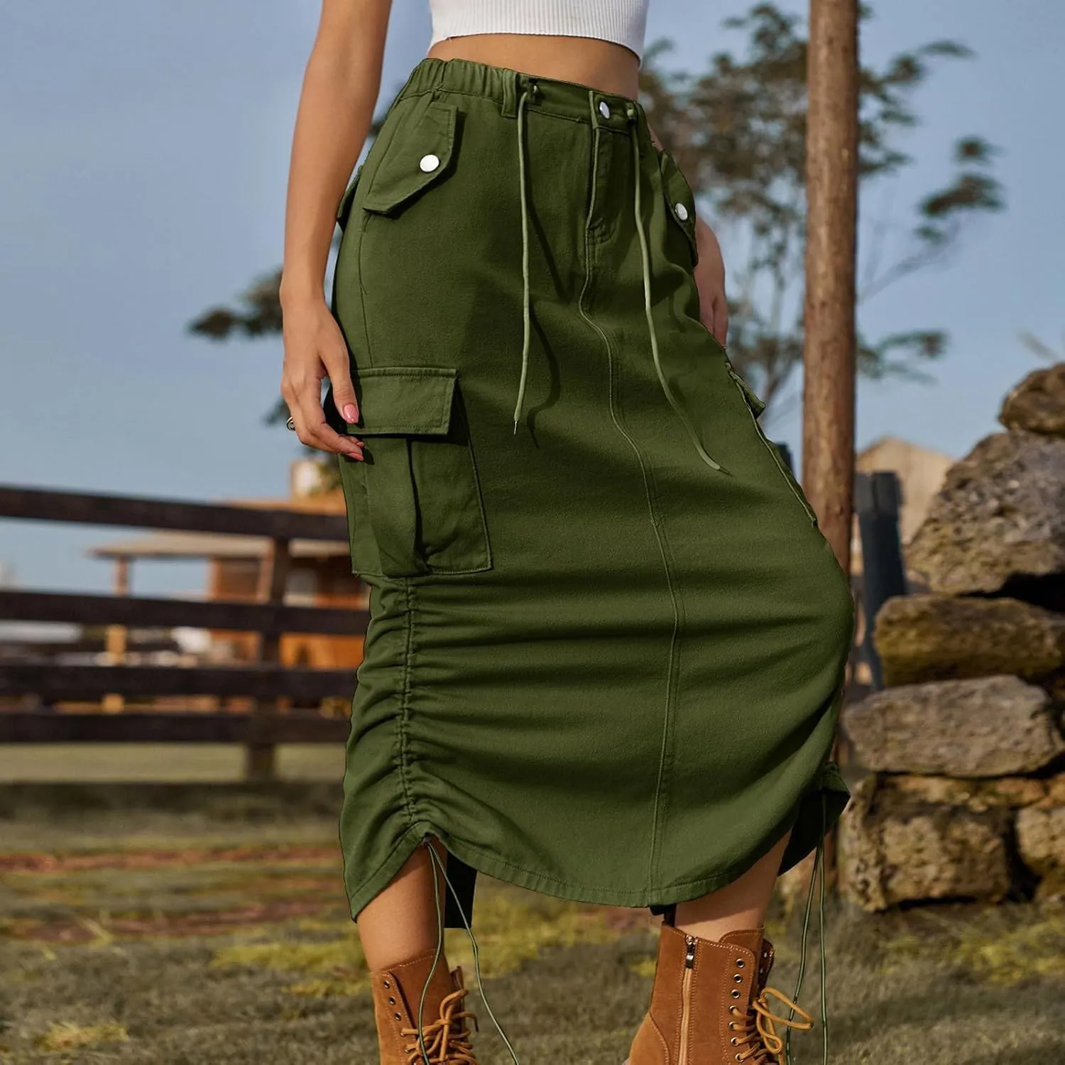 Cargo Skirts for Women Casual Solid Denim Long Skirts Fashion Drawstring Stretch Waist Jean Maxi Skirt with Pockets