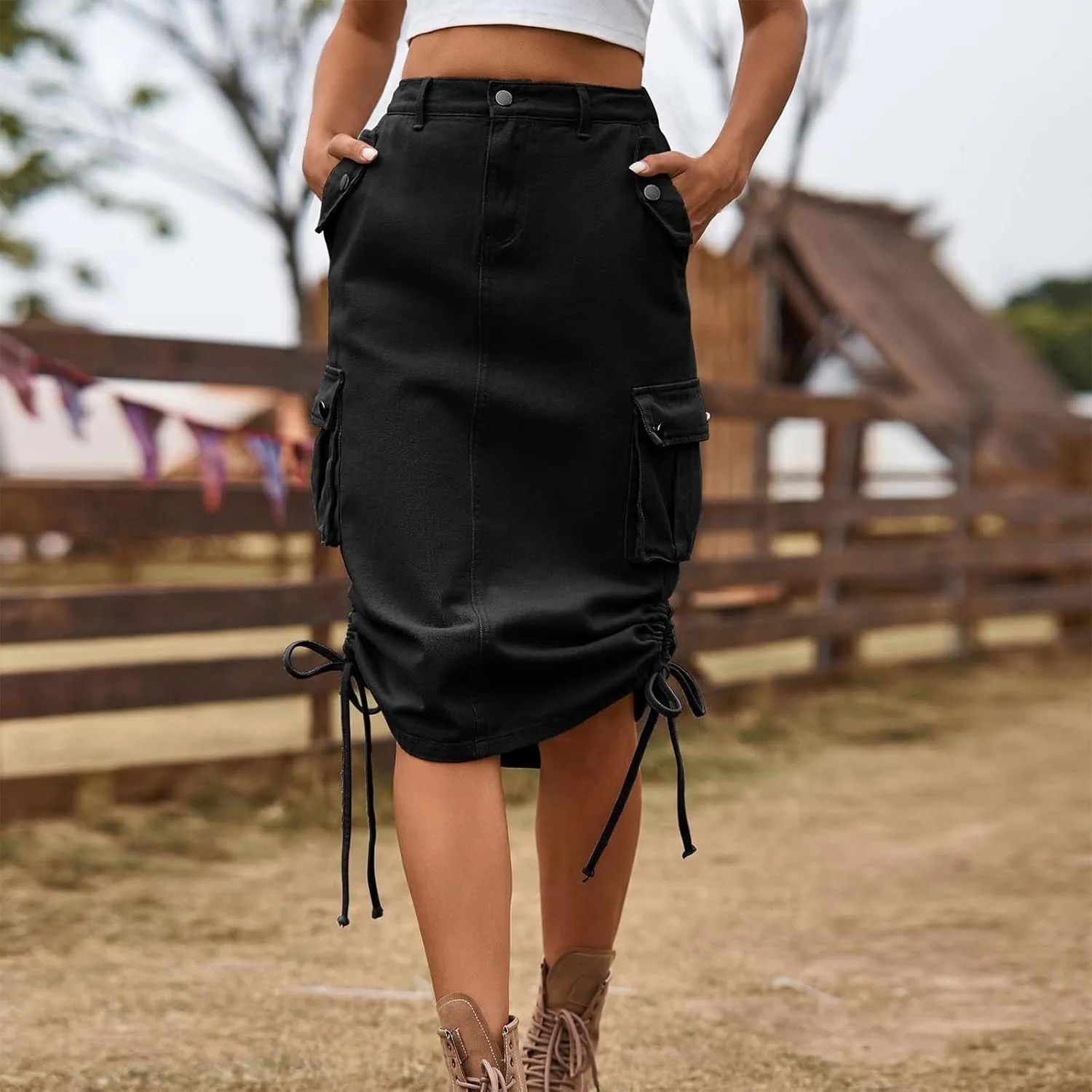 Cargo Skirts for Women with Pocket Midi Length Denim Skirt High Waisted Maxi Skirt Tie Split Jean Skirt Summer Skirts