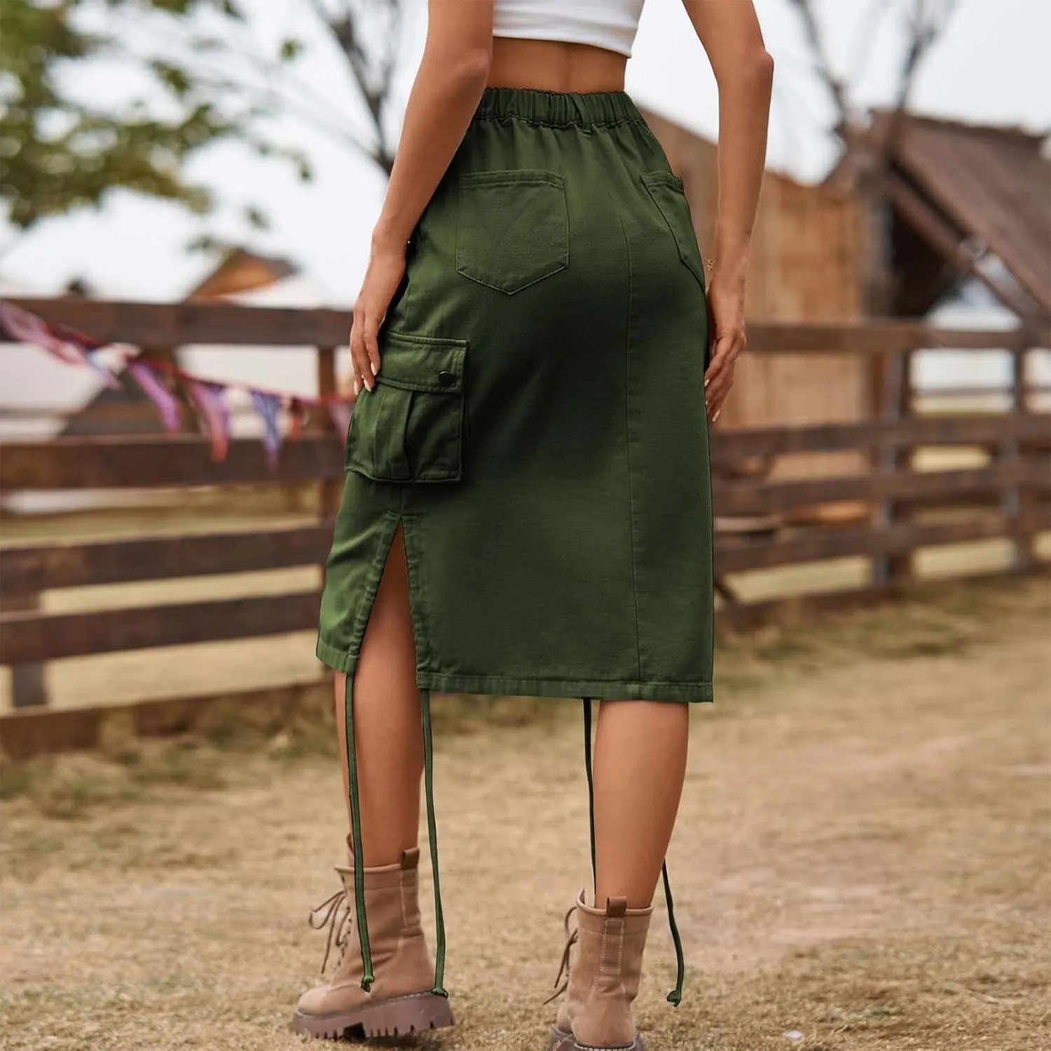 Cargo Skirts for Women with Pocket Midi Length Denim Skirt High Waisted Maxi Skirt Tie Split Jean Skirt Summer Skirts