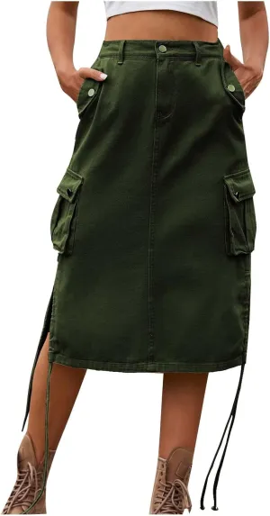 Cargo Skirts for Women with Pocket Midi Length Denim Skirt High Waisted Maxi Skirt Tie Split Jean Skirt Summer Skirts