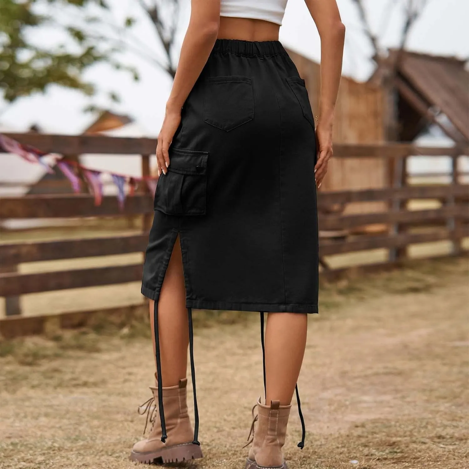 Cargo Skirts for Women with Pocket Midi Length Denim Skirt High Waisted Maxi Skirt Tie Split Jean Skirt Summer Skirts