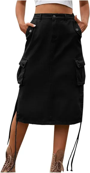 Cargo Skirts for Women with Pocket Midi Length Denim Skirt High Waisted Maxi Skirt Tie Split Jean Skirt Summer Skirts
