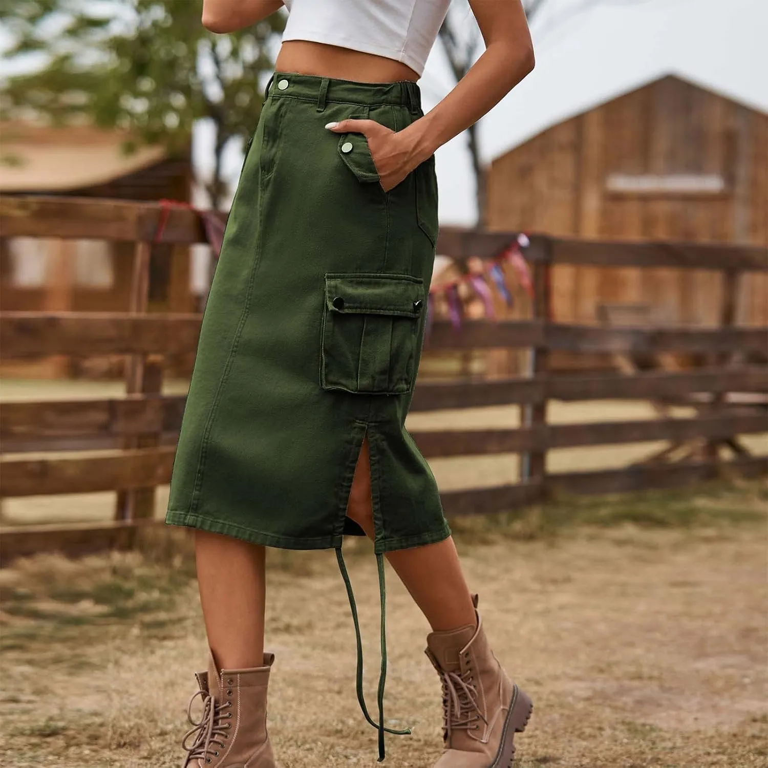 Cargo Skirts for Women with Pocket Midi Length Denim Skirt High Waisted Maxi Skirt Tie Split Jean Skirt Summer Skirts