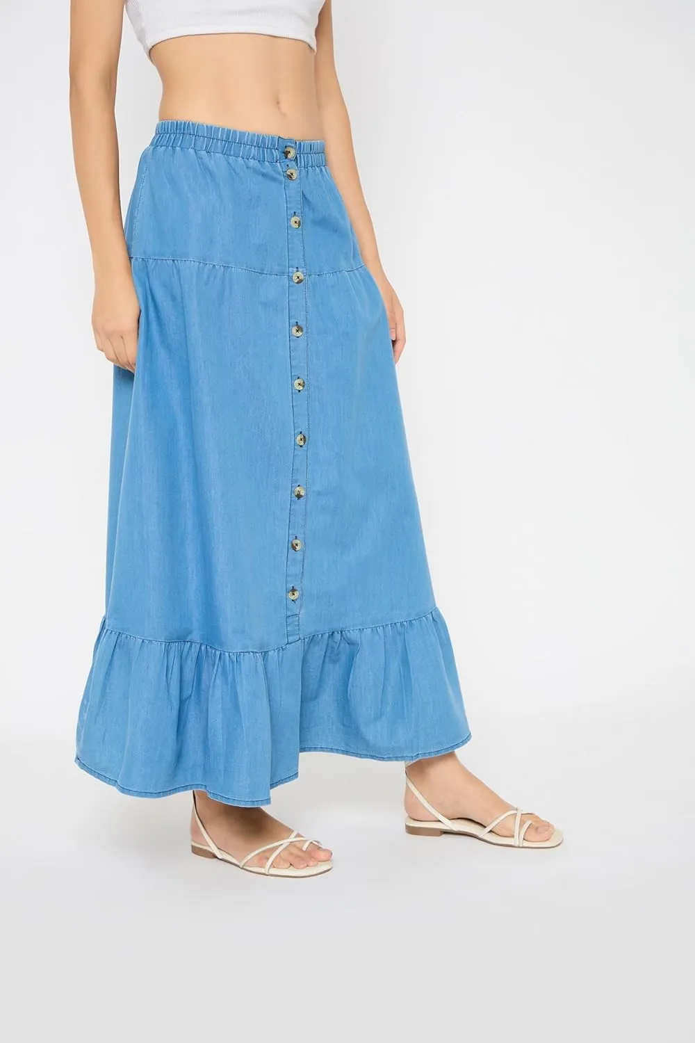Casual Denim Long Skirt Elastic Waist Maxi Jean Button Skirts Dress for Ladies