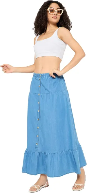 Casual Denim Long Skirt Elastic Waist Maxi Jean Button Skirts Dress for Ladies