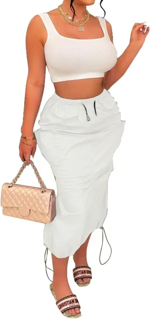 CHARTOU Casual Long Cargo Skirt for Women Drawstring Cargo Maxi Skirt with Pockets Parachute Pencil Skirt Y2k