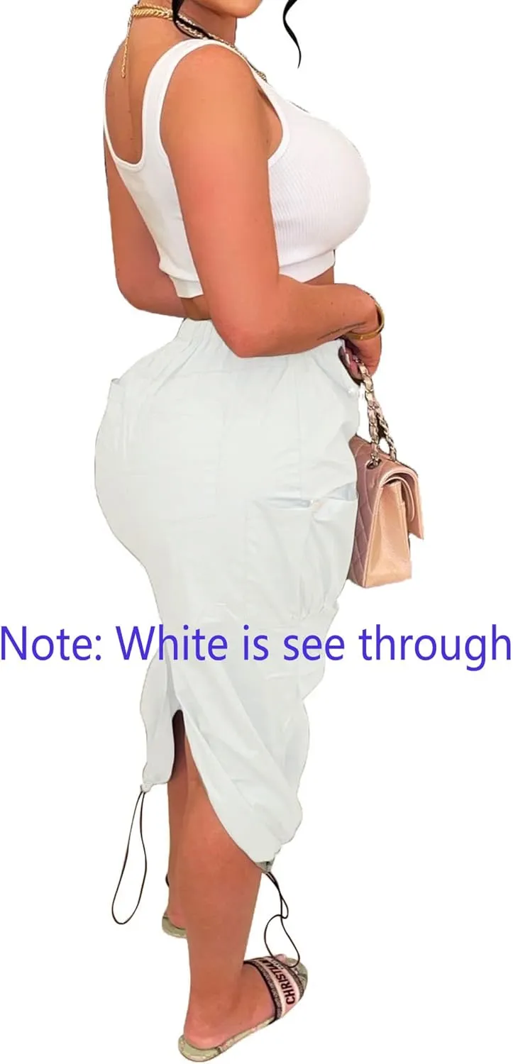 CHARTOU Casual Long Cargo Skirt for Women Drawstring Cargo Maxi Skirt with Pockets Parachute Pencil Skirt Y2k