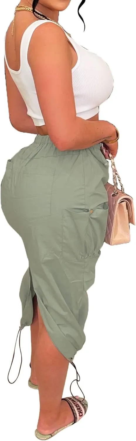 CHARTOU Casual Long Cargo Skirt for Women Drawstring Cargo Maxi Skirt with Pockets Parachute Pencil Skirt Y2k
