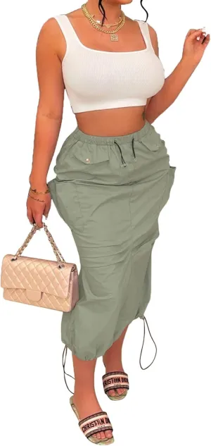 CHARTOU Casual Long Cargo Skirt for Women Drawstring Cargo Maxi Skirt with Pockets Parachute Pencil Skirt Y2k