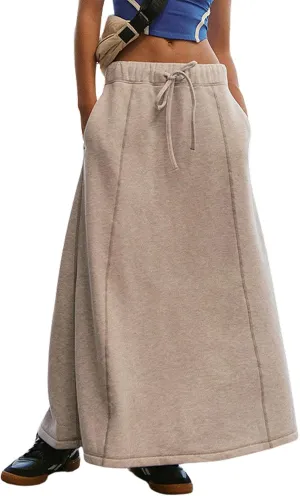 CHARTOU Women's Drawstring Sweat Cotton Maxi Skirt A Line Long Cargo Skirt High Waisted Elastic Y2k Skirts