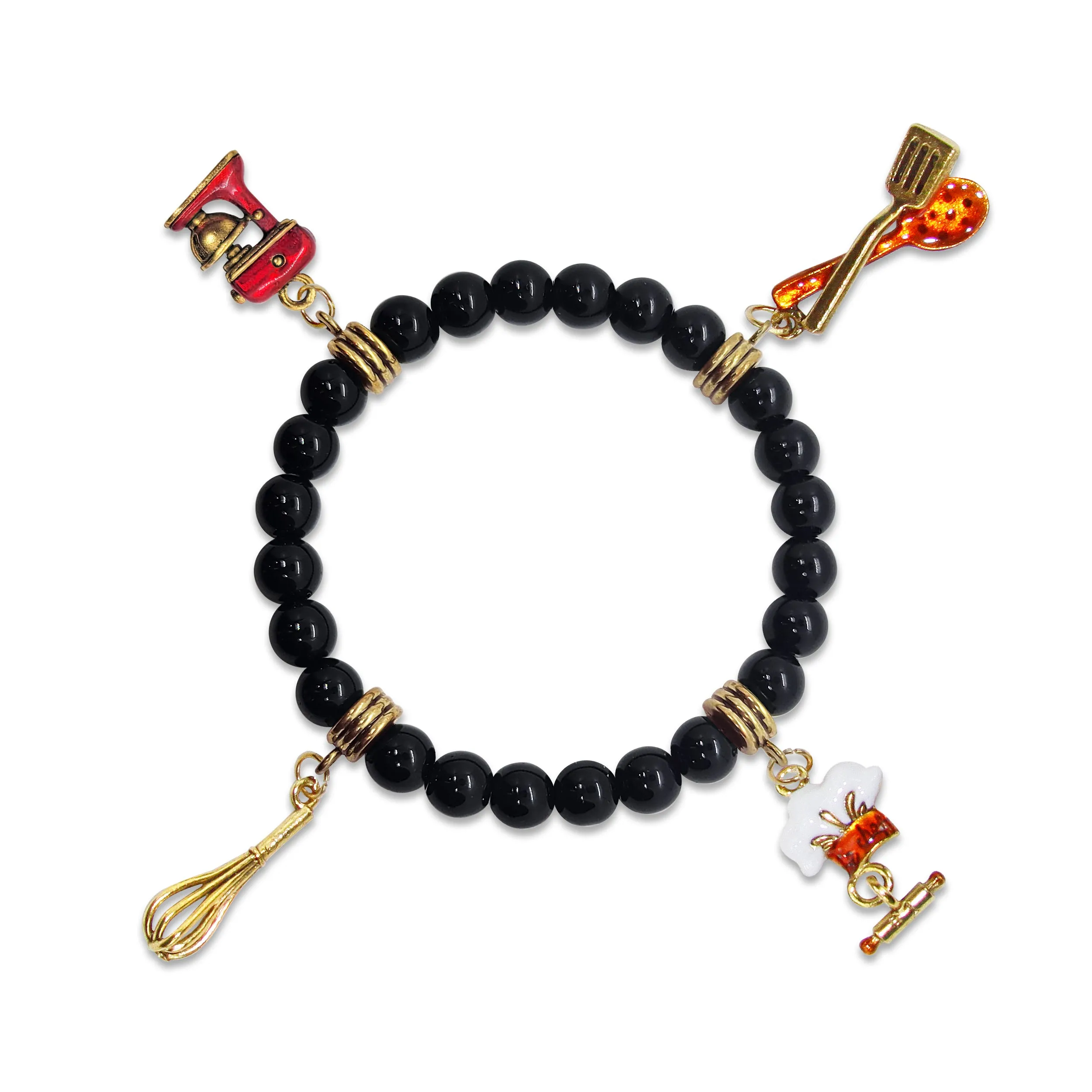 Chef Genuine Onyx Charm Bracelet | Handmade in USA | 4 Hand-Painted Charms