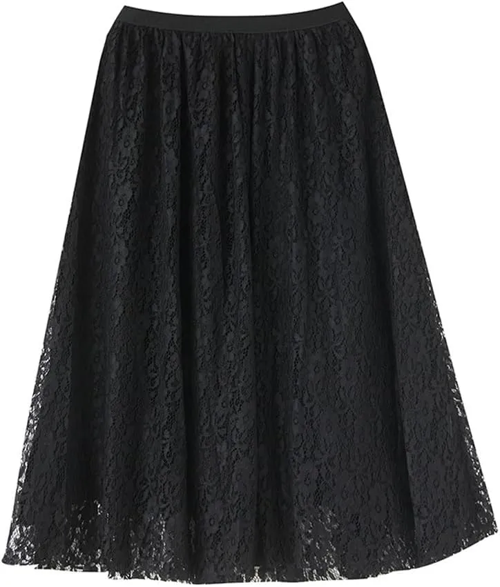 chouyatou Women's Elastic Waist A Line Floral Lace Midi Skirt Boho Crochet Over Knee Pleated Swing Long Skirt