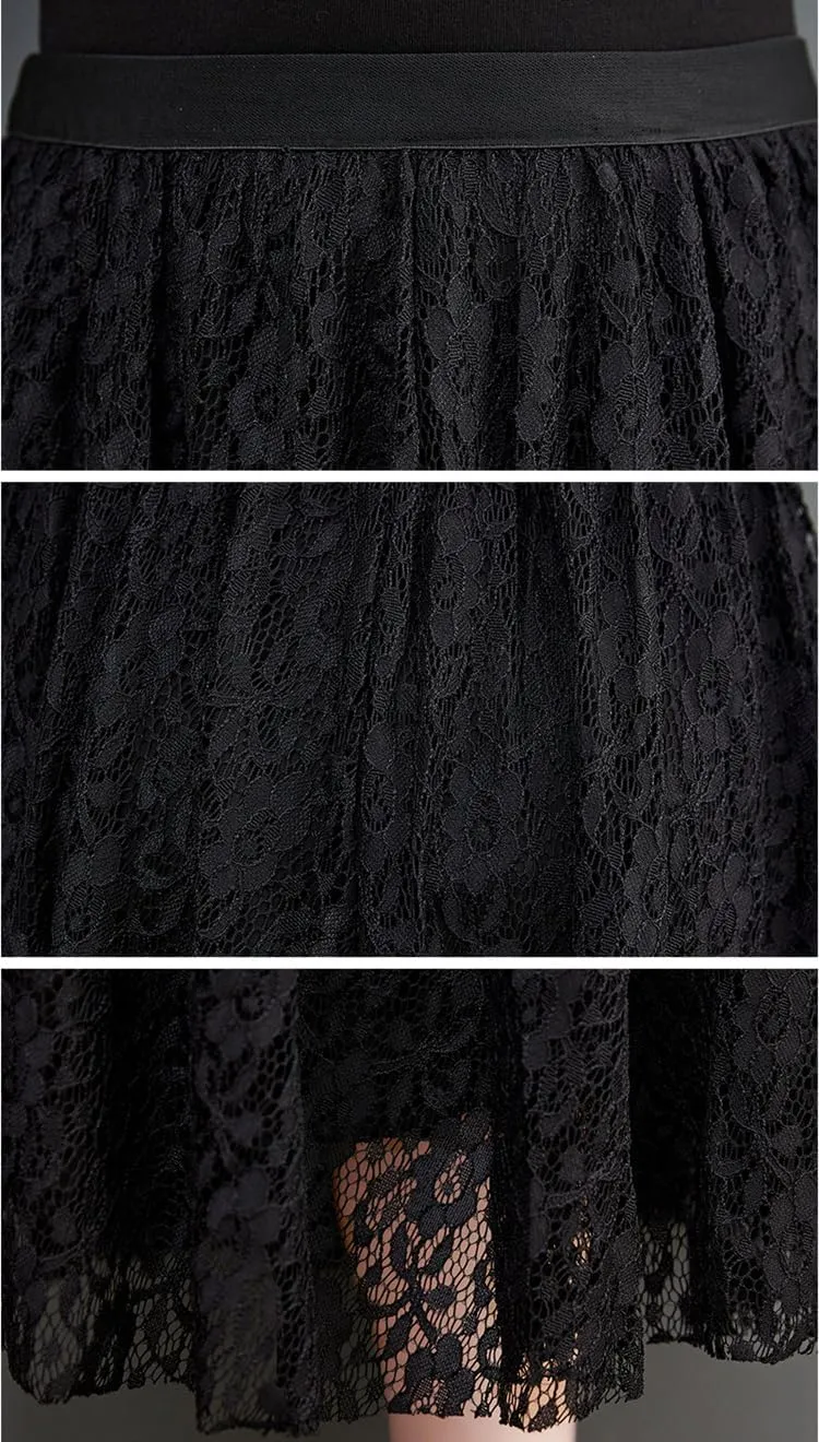 chouyatou Women's Elastic Waist A Line Floral Lace Midi Skirt Boho Crochet Over Knee Pleated Swing Long Skirt