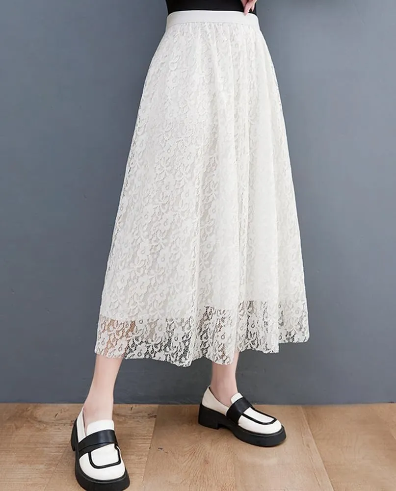 chouyatou Women's Elastic Waist A Line Floral Lace Midi Skirt Boho Crochet Over Knee Pleated Swing Long Skirt
