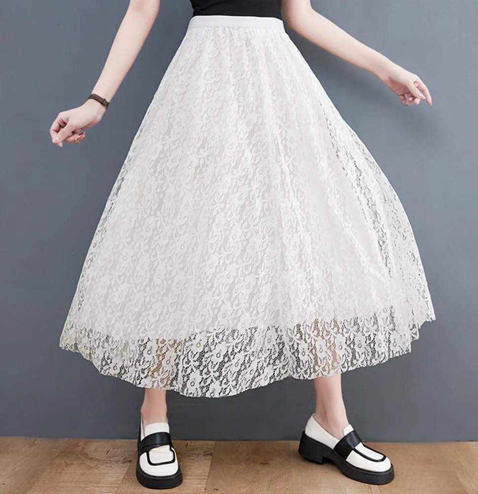 chouyatou Women's Elastic Waist A Line Floral Lace Midi Skirt Boho Crochet Over Knee Pleated Swing Long Skirt