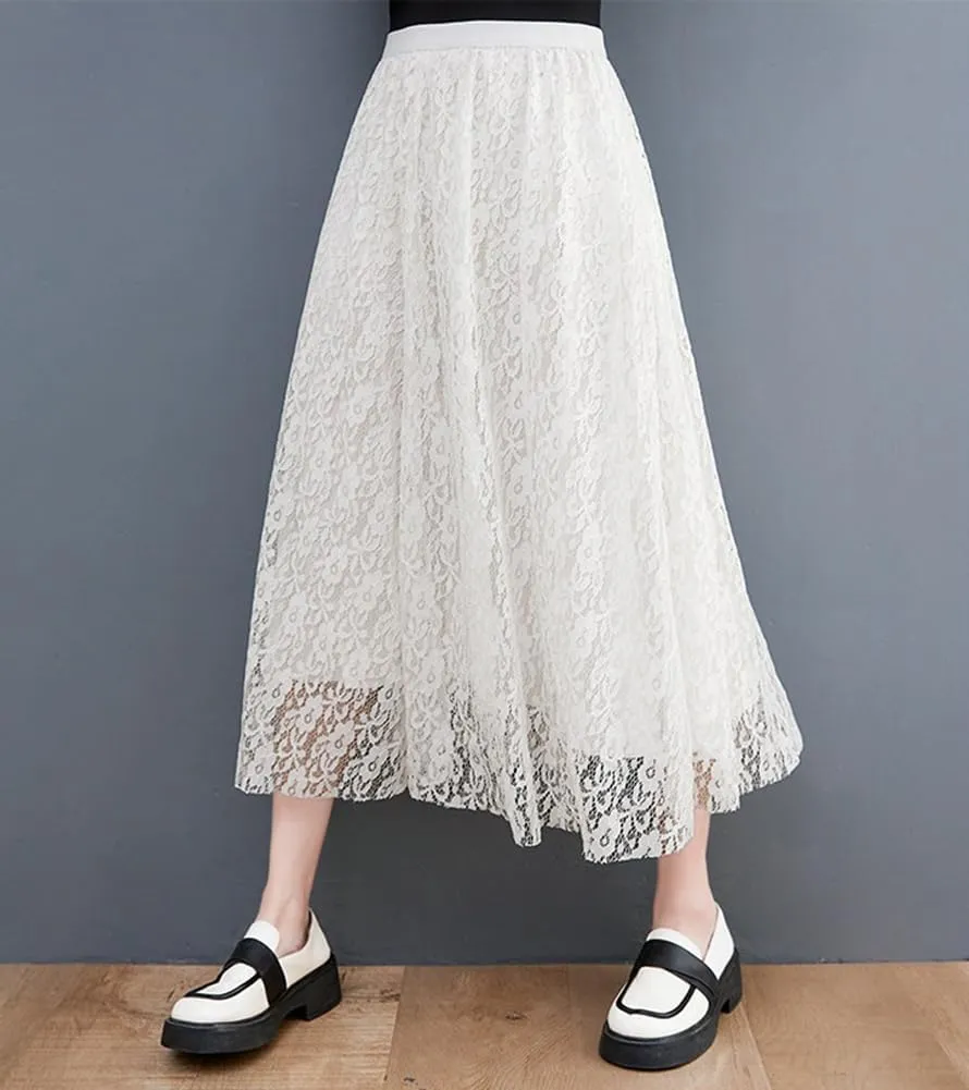 chouyatou Women's Elastic Waist A Line Floral Lace Midi Skirt Boho Crochet Over Knee Pleated Swing Long Skirt