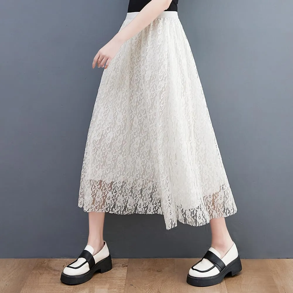 chouyatou Women's Elastic Waist A Line Floral Lace Midi Skirt Boho Crochet Over Knee Pleated Swing Long Skirt