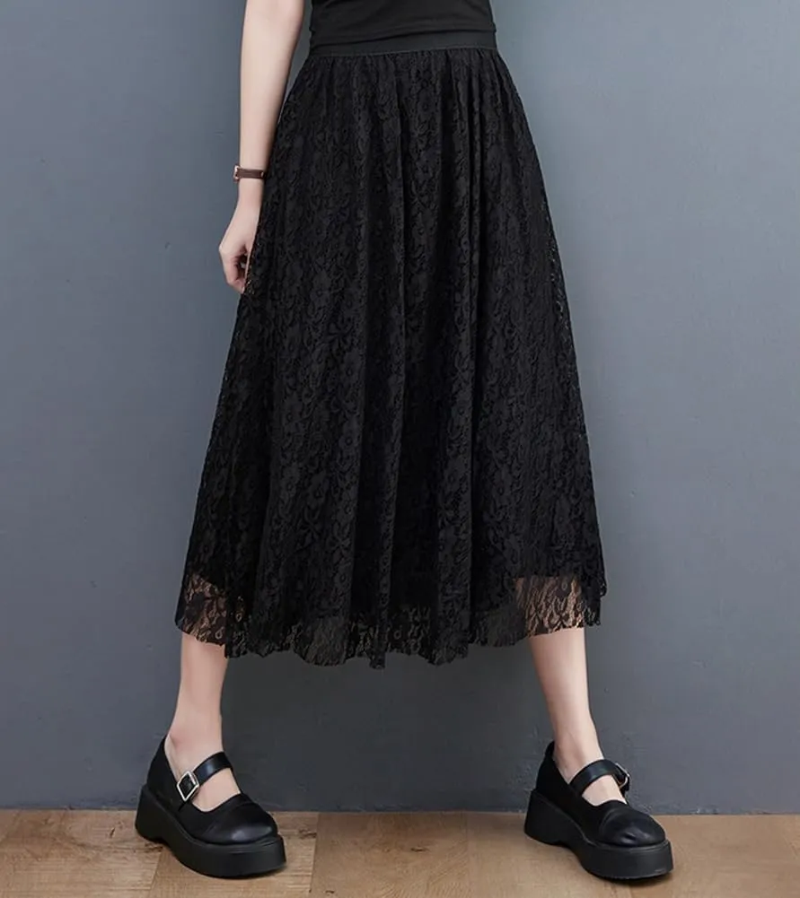 chouyatou Women's Elastic Waist A Line Floral Lace Midi Skirt Boho Crochet Over Knee Pleated Swing Long Skirt