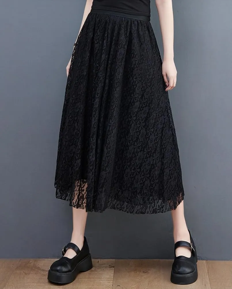 chouyatou Women's Elastic Waist A Line Floral Lace Midi Skirt Boho Crochet Over Knee Pleated Swing Long Skirt
