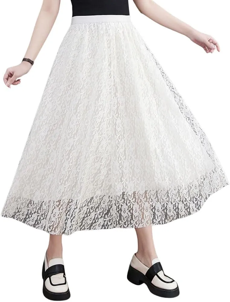 chouyatou Women's Elastic Waist A Line Floral Lace Midi Skirt Boho Crochet Over Knee Pleated Swing Long Skirt