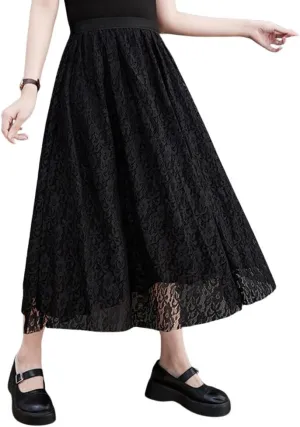 chouyatou Women's Elastic Waist A Line Floral Lace Midi Skirt Boho Crochet Over Knee Pleated Swing Long Skirt