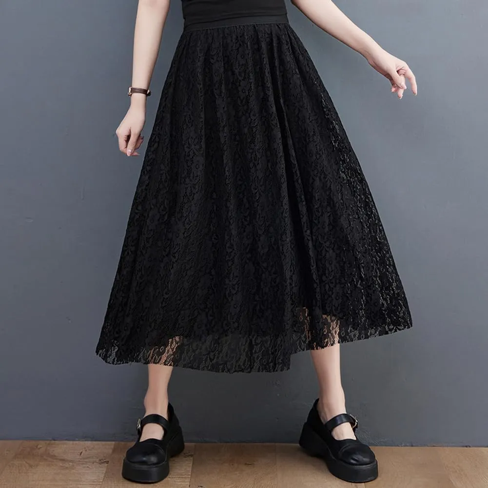 chouyatou Women's Elastic Waist A Line Floral Lace Midi Skirt Boho Crochet Over Knee Pleated Swing Long Skirt