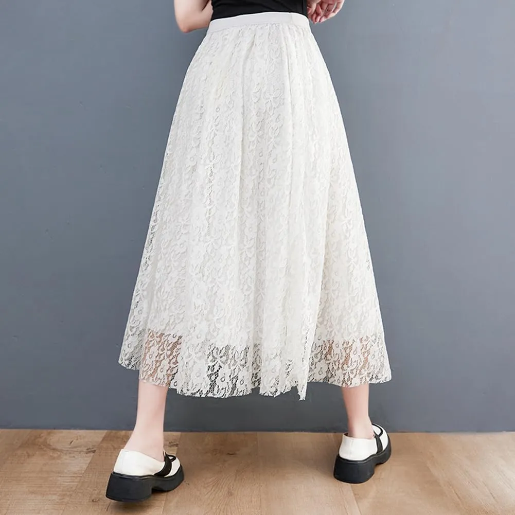 chouyatou Women's Elastic Waist A Line Floral Lace Midi Skirt Boho Crochet Over Knee Pleated Swing Long Skirt