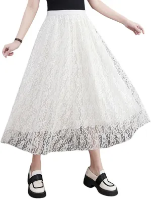 chouyatou Women's Elastic Waist A Line Floral Lace Midi Skirt Boho Crochet Over Knee Pleated Swing Long Skirt