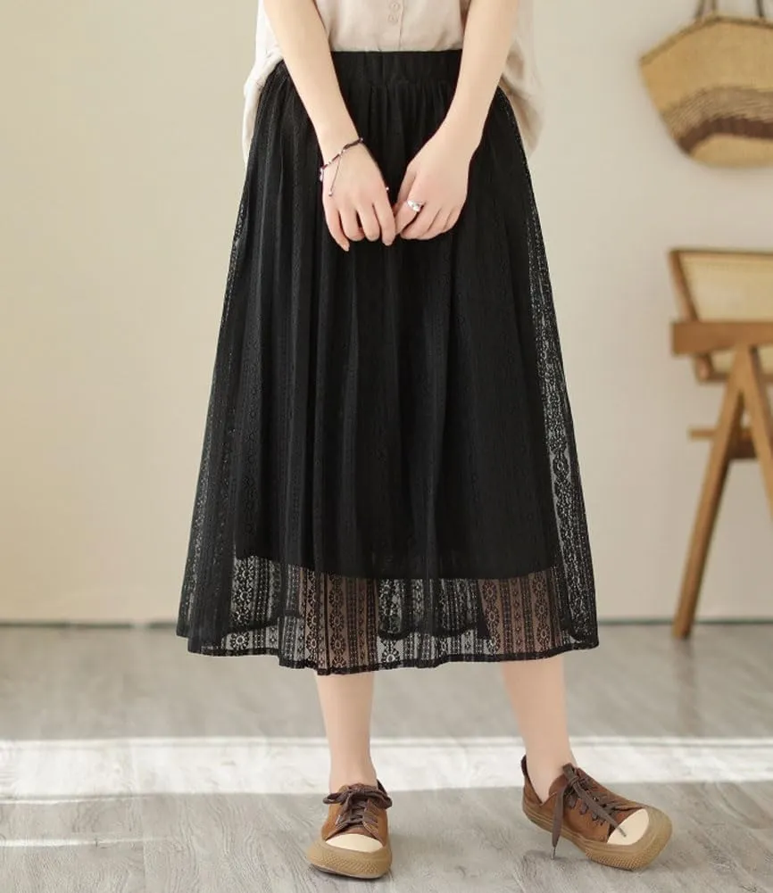 chouyatou Women's Hollow Out Lace Floral Skirt Boho Crochet Elastic Waist Pleated Swing Midi Long Skirt